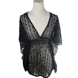 Miken Black Lace Crochet Swimsuit Cover-Up With V-Neck & Open Back Size XS